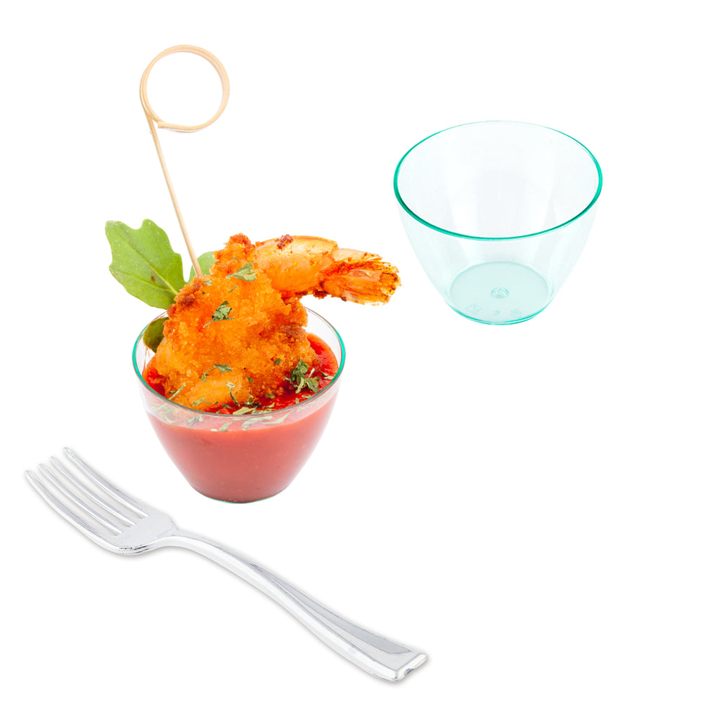 Mini Serve 100 2 oz Round Seagreen Plastic Mini Tasting Bowls and 100 Silver Plastic 4" Mini Forks