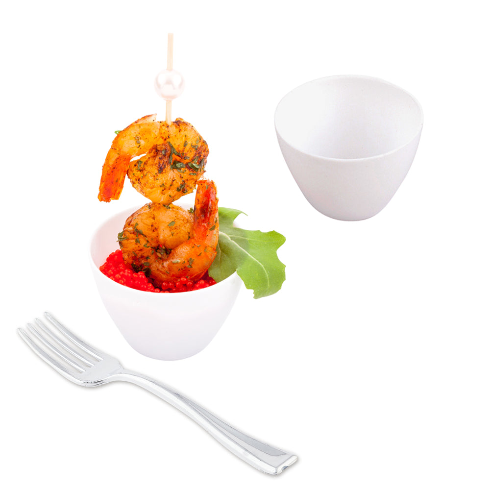 Mini Serve 100 2 oz Round White Plastic Mini Tasting Bowls and 100 Silver Plastic 4" Mini Forks