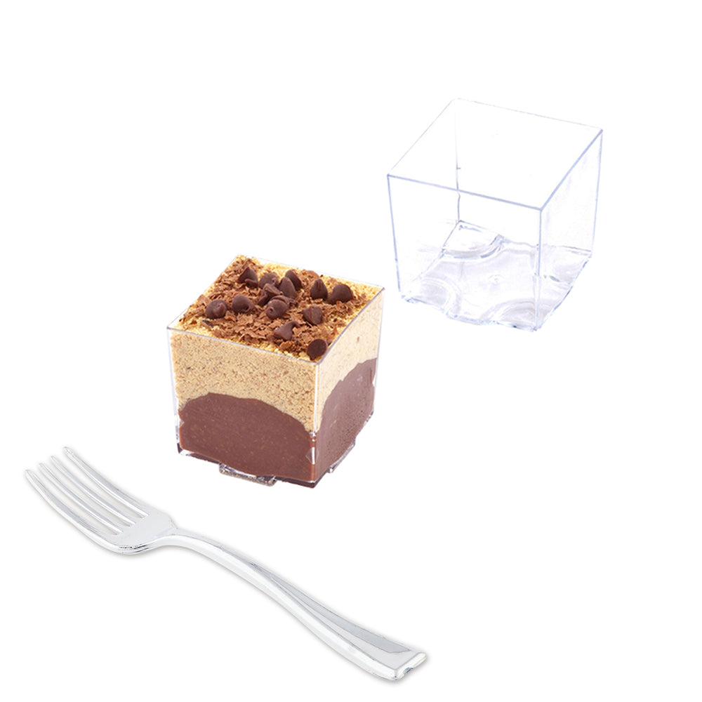 Mini Serve 100 3 oz Square Clear Plastic Quadrato Cups and 100 Silver Plastic 4" Mini Forks