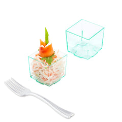 Mini Serve 100 3 oz Square Seagreen Plastic Quadrato Cups and 100 Silver Plastic 4