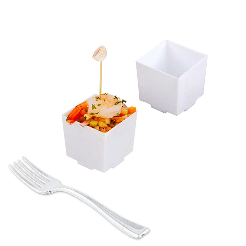Mini Serve 100 3 oz Square White Plastic Quadrato Cups and 100 Silver Plastic 4" Mini Forks