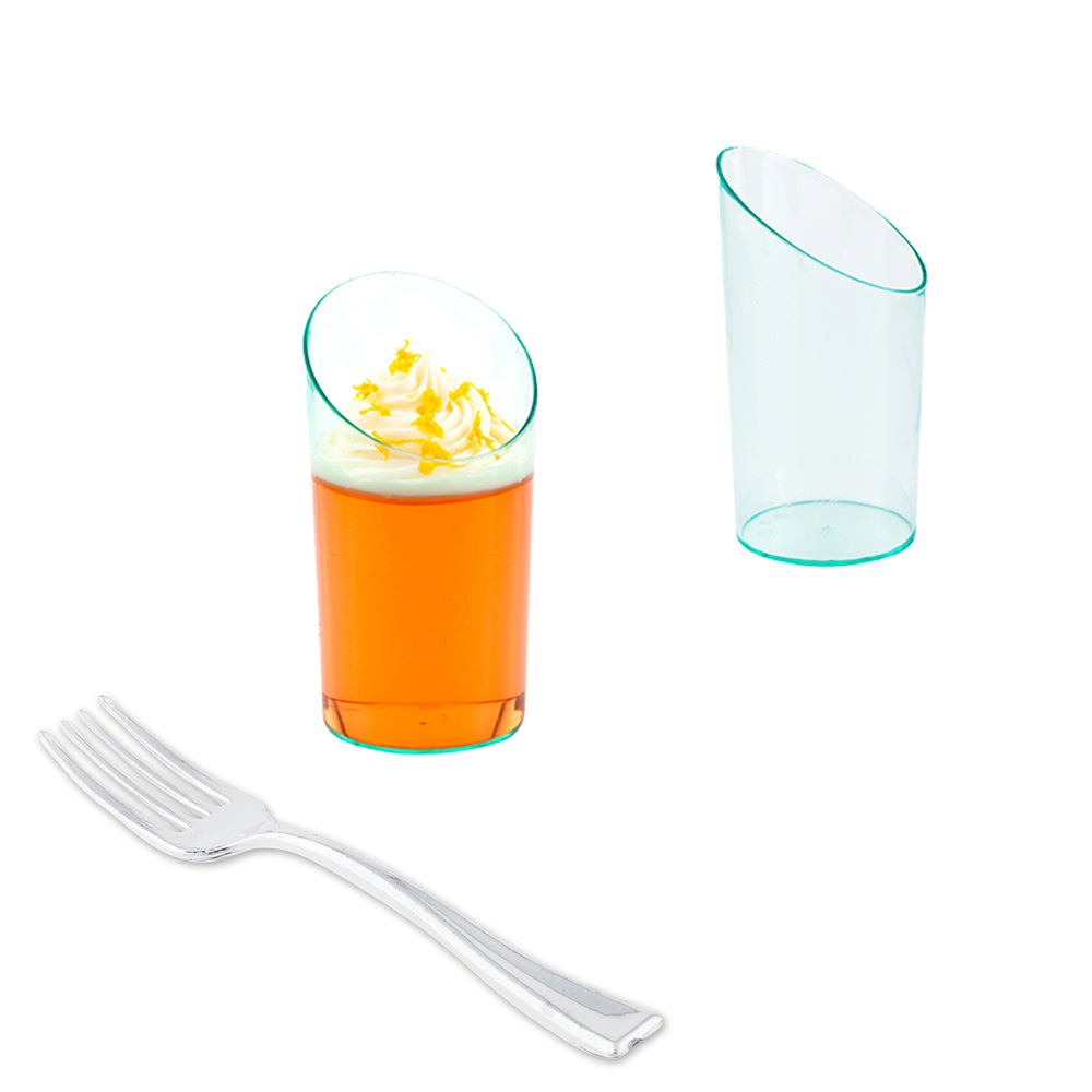 Mini Serve 100 3 oz Round Seagreen Plastic Incline Shot Glass and 100 Silver Plastic 4" Mini Forks