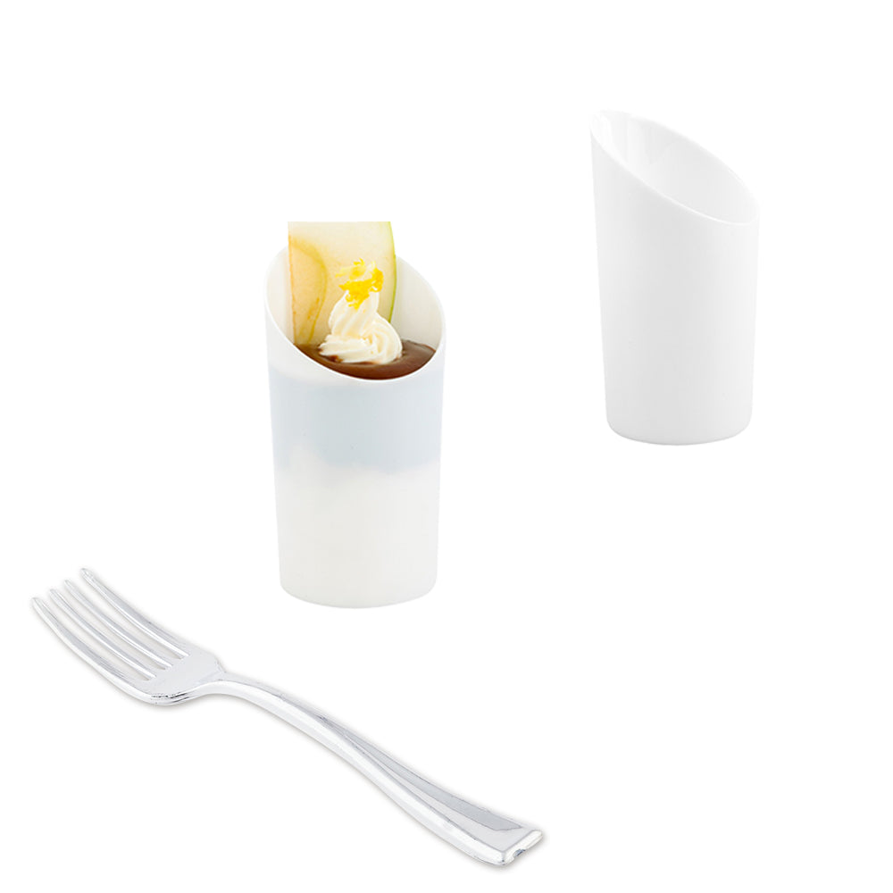 Mini Serve 100 3 oz Round White Plastic Incline Shot Glass and 100 Silver Plastic 4" Mini Forks
