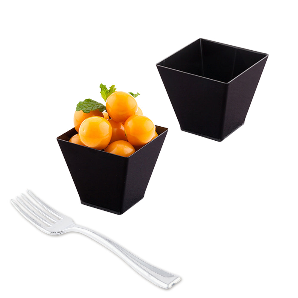 Mini Serve 100 2 oz Square Black Plastic Mini Kova Cups and 100 Silver Plastic 4" Mini Forks