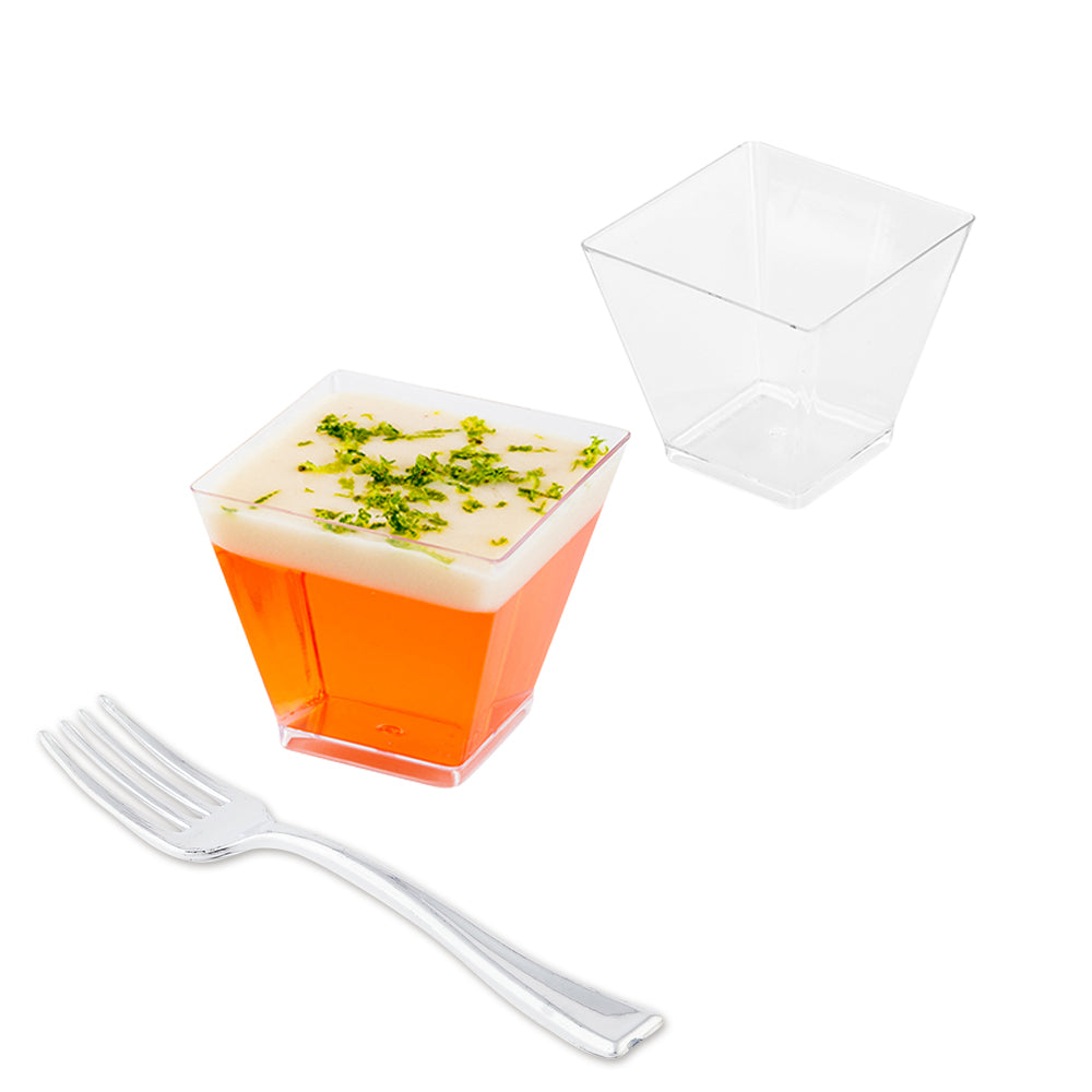 Mini Serve 300 2 oz Square Clear Plastic Mini Kova Cups and 300 Silver Plastic 4" Mini Forks