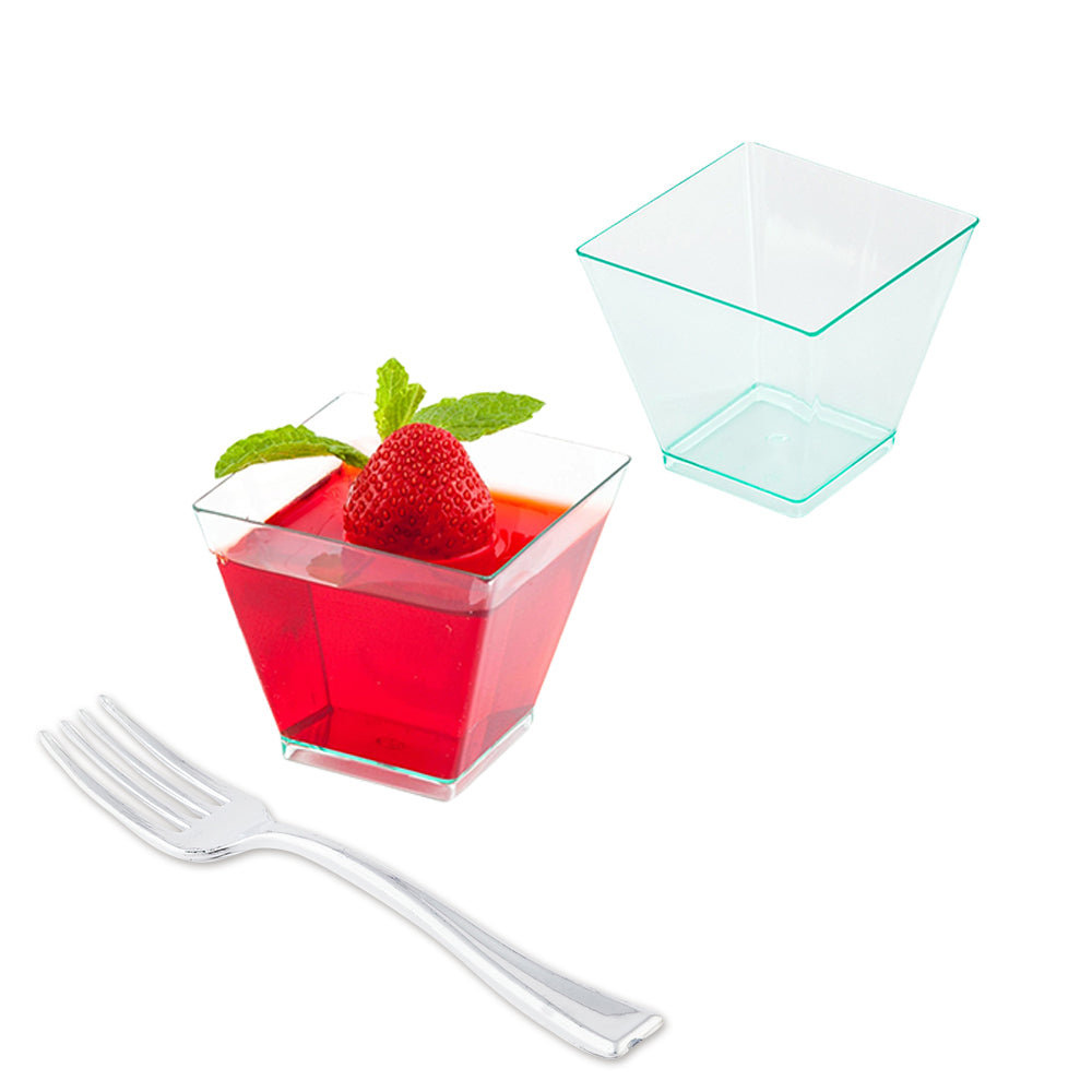 Mini Serve 100 2 oz Square Seagreen Plastic Mini Kova Cups and 100 Silver Plastic 4" Mini Forks