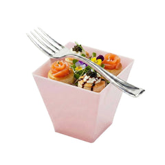 Mini Serve 100 2 oz Square Powder Pink Plastic Mini Kova Cups and 100 Silver Plastic 4