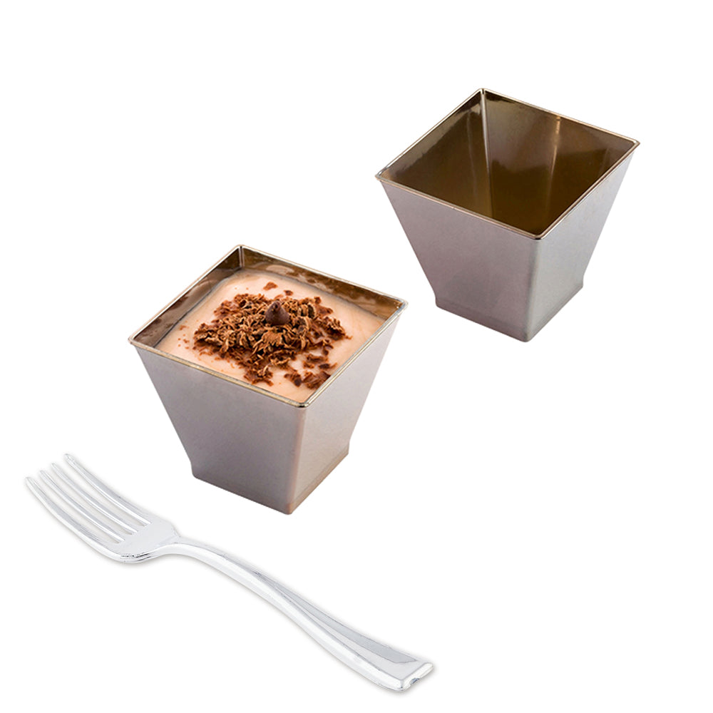 Mini Serve 100 2 oz Square Silver Plastic Mini Kova Cups and 100 Silver Plastic 4" Mini Forks