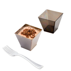 Mini Serve 100 2 oz Square Smoked Gray Plastic Mini Kova Cups and 100 Silver Plastic 4
