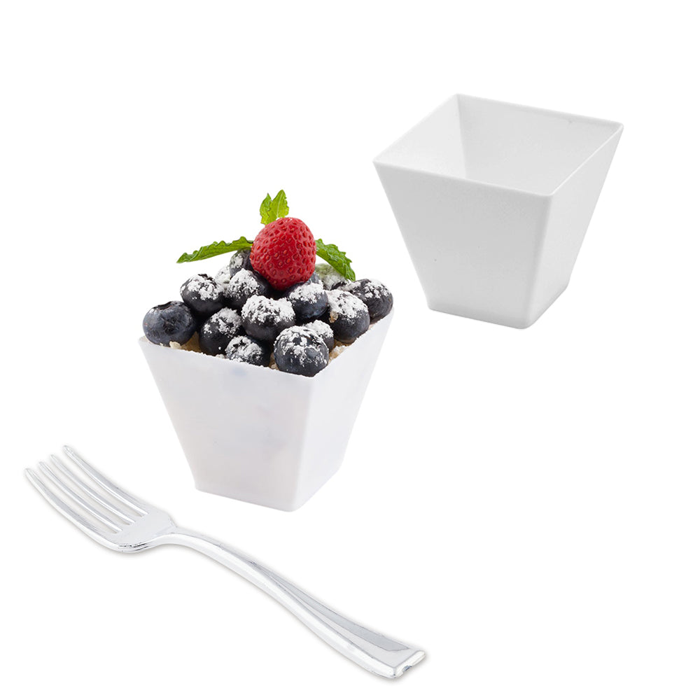 Mini Serve 100 2 oz Square White Plastic Mini Kova Cups and 100 Silver Plastic 4" Mini Forks