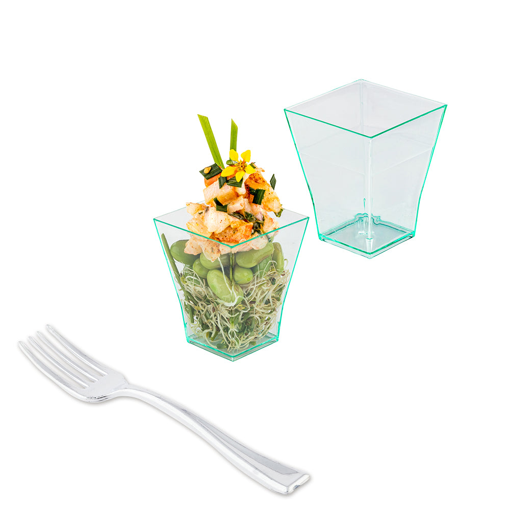Mini Serve 100 2 oz Square Seagreen Plastic Bonito Cups and 100 Silver Plastic 4" Mini Forks