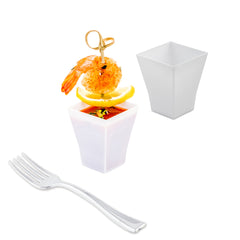 Mini Serve 100 2 oz Square White Plastic Bonito Cups and 100 Silver Plastic 4