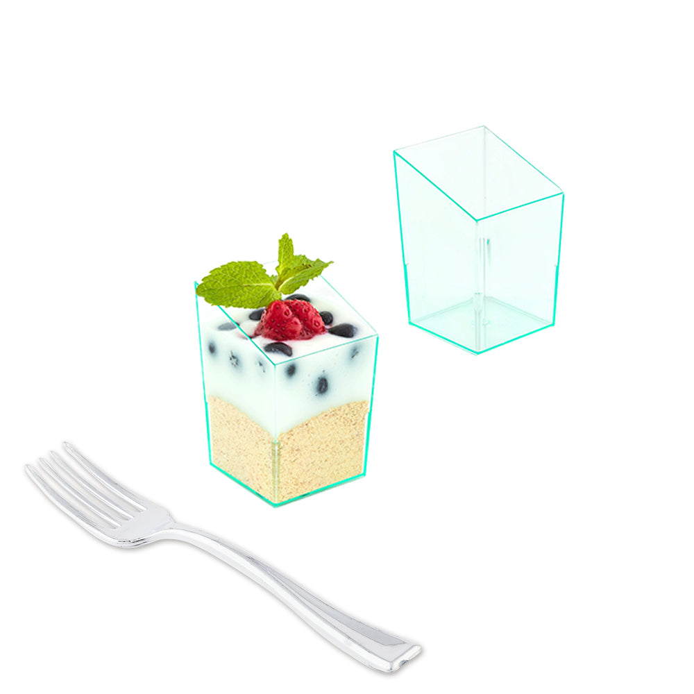 Mini Serve 100 3 oz Square Seagreen Plastic Incline Cups and 100 Silver Plastic 4" Mini Forks