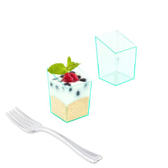Mini Serve 100 3 oz Square Seagreen Plastic Incline Cups and 100 Silver Plastic 4