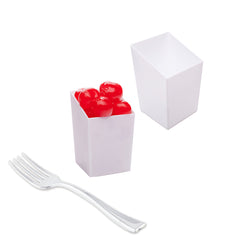 Mini Serve 100 3 oz Square White Plastic Incline Cups and 100 Silver Plastic 4