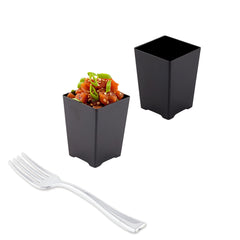 Mini Serve 100 4 oz Square Black Plastic Tall Quadrato Cups and 100 Silver Plastic 4