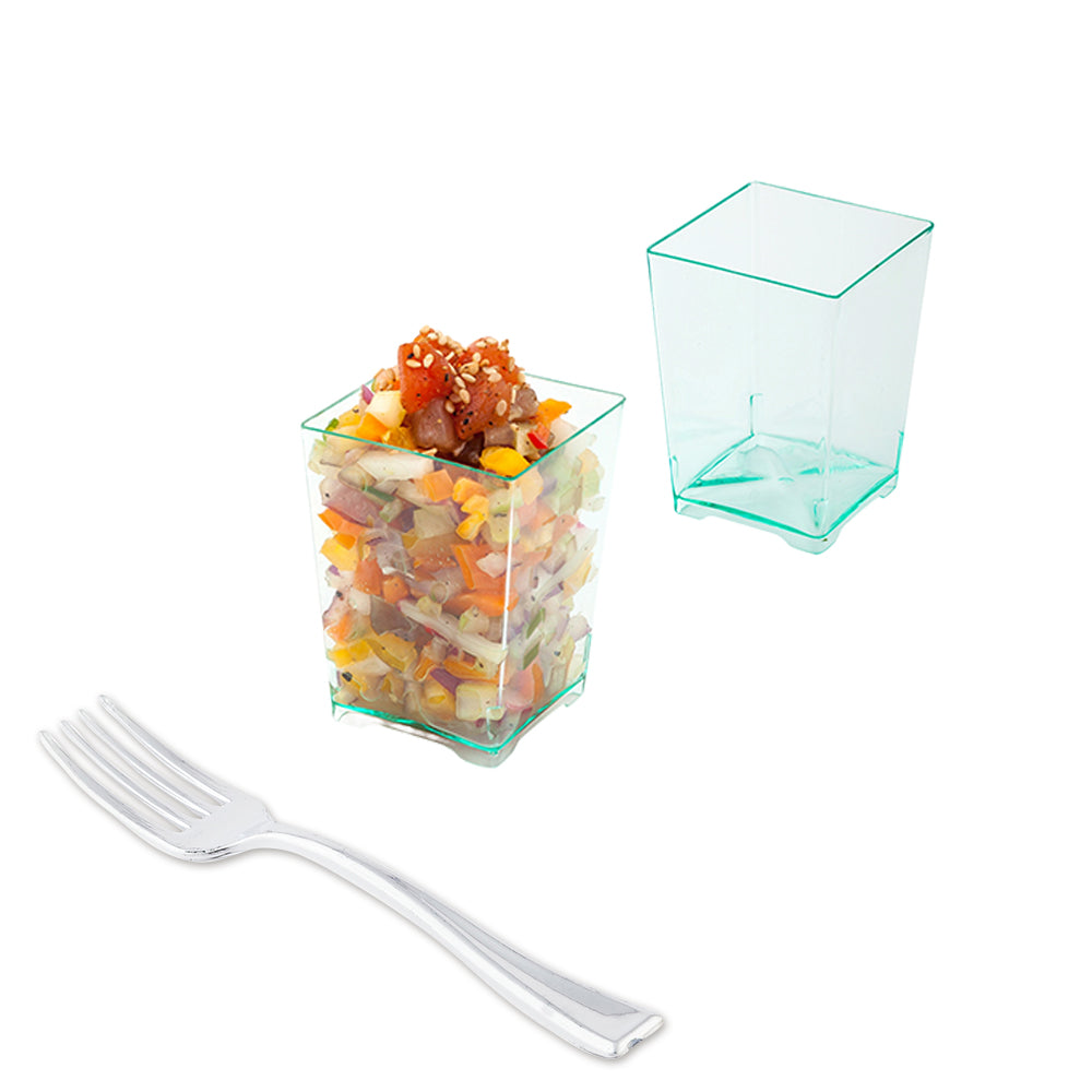 Mini Serve 100 4 oz Square Seagreen Plastic Tall Quadrato Cups and 100 Silver Plastic 4" Mini Forks