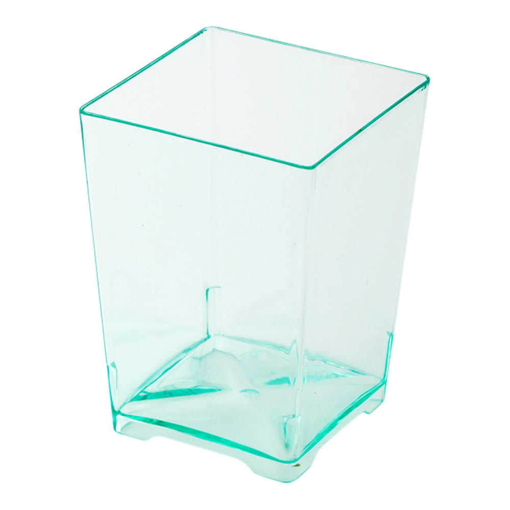 Mini Serve 100 4 oz Square Seagreen Plastic Tall Quadrato Cups and 100 Silver Plastic 4" Mini Forks