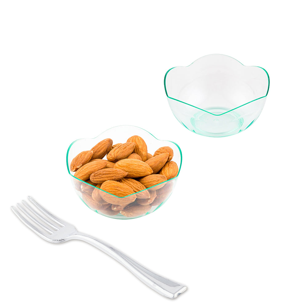 Mini Serve 100 2 oz Round Seagreen Plastic Le Fleur Cups and 100 Silver Plastic 4" Mini Forks
