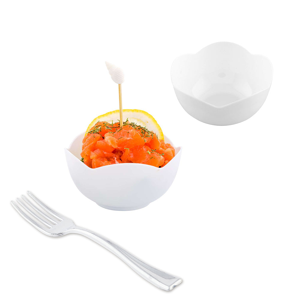 Mini Serve 100 2 oz Round White Plastic Le Fleur Cups and 100 Silver Plastic 4" Mini Forks