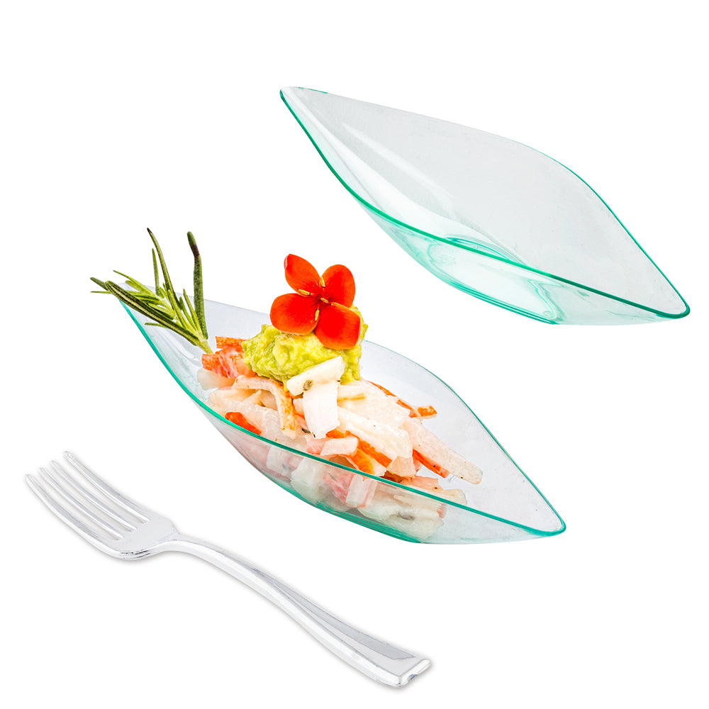 Mini Serve 100 Diamond Seagreen 5" Plastic Canoe Dish and 100 Silver Plastic 4" Mini Forks