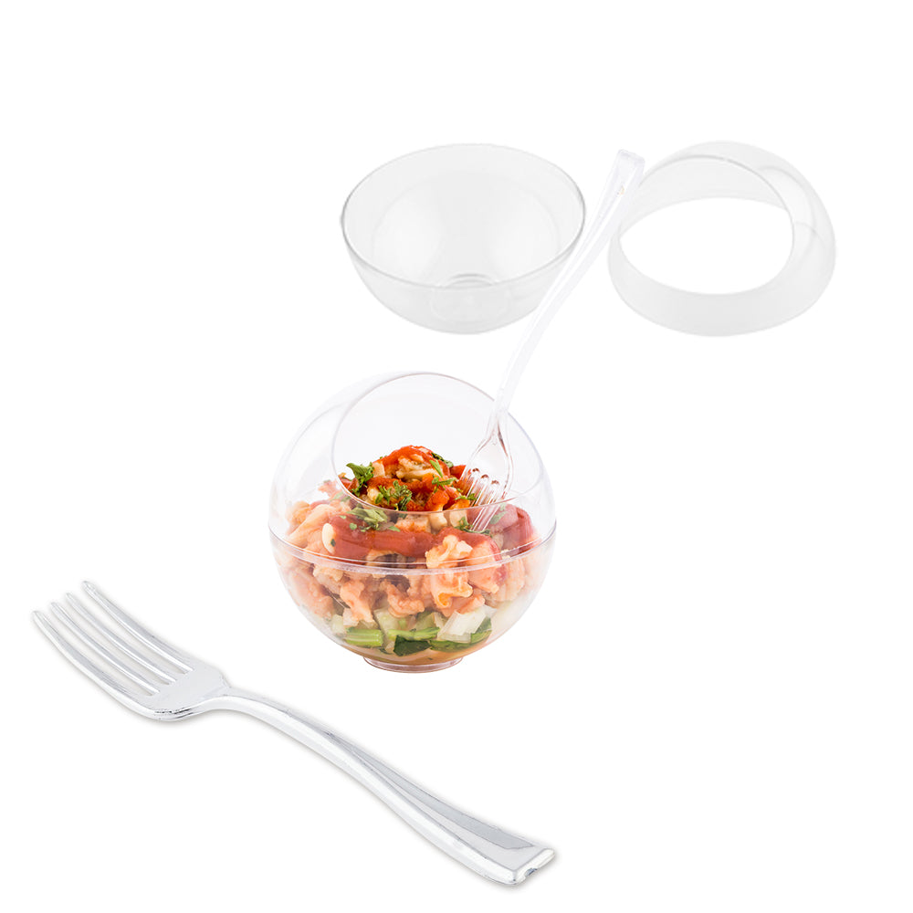 Mini Serve 100 3 oz Round Clear Plastic Balloon Bowls and 100 Silver Plastic 4" Mini Forks