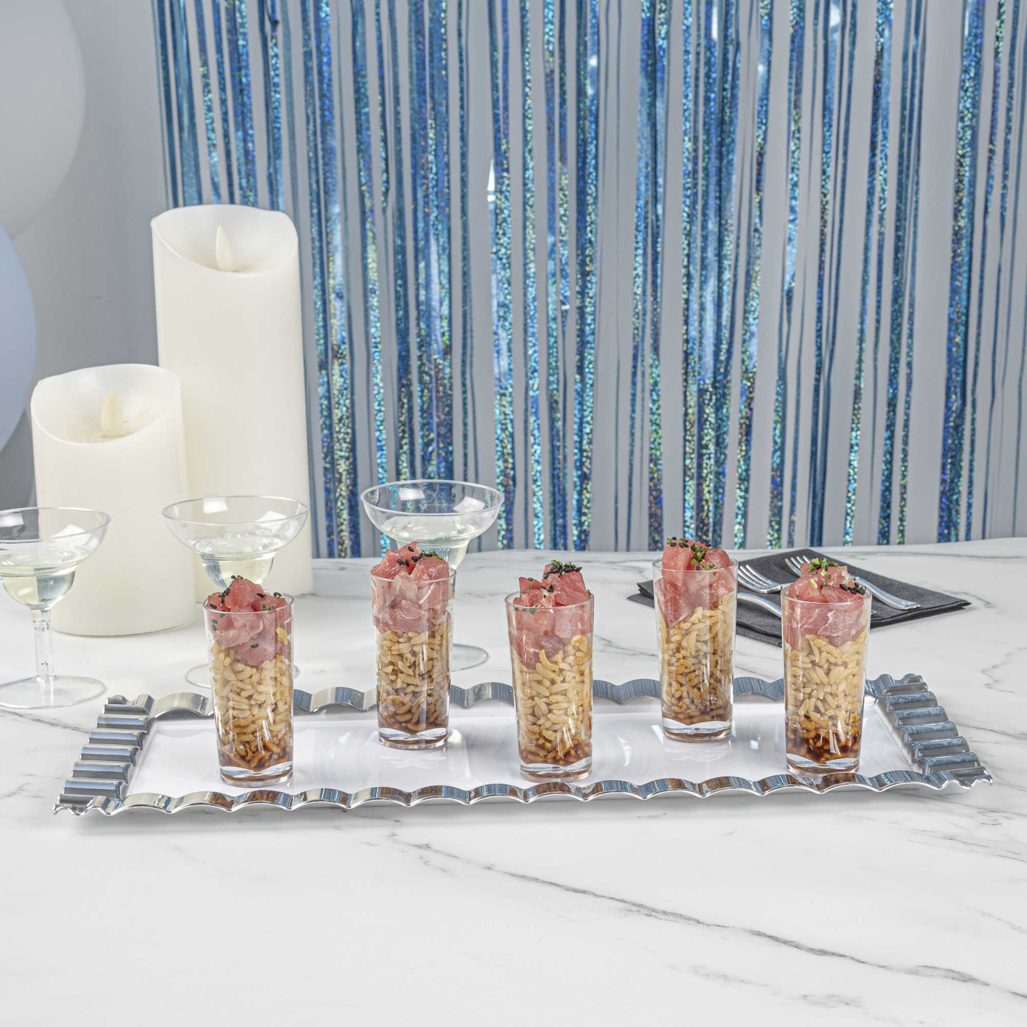 Mini Serve 100 2 oz Round Clear Plastic Cannello Shot Glass and 100 Silver Plastic 4" Mini Forks