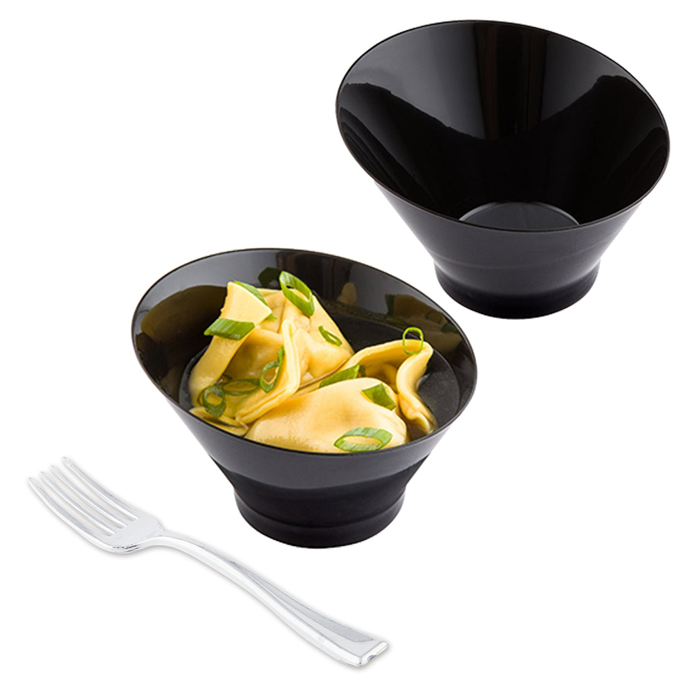 Mini Serve 100 7 oz Round Black Plastic Incline Bowls and 100 Silver Plastic 4" Mini Forks