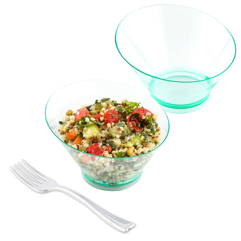 Mini Serve 100 7 oz Round Seagreen Plastic Incline Bowls and 100 Silver Plastic 4" Mini Forks