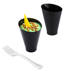 Mini Serve 100 7 oz Round Black Plastic Incline Glass and 100 Silver Plastic 4