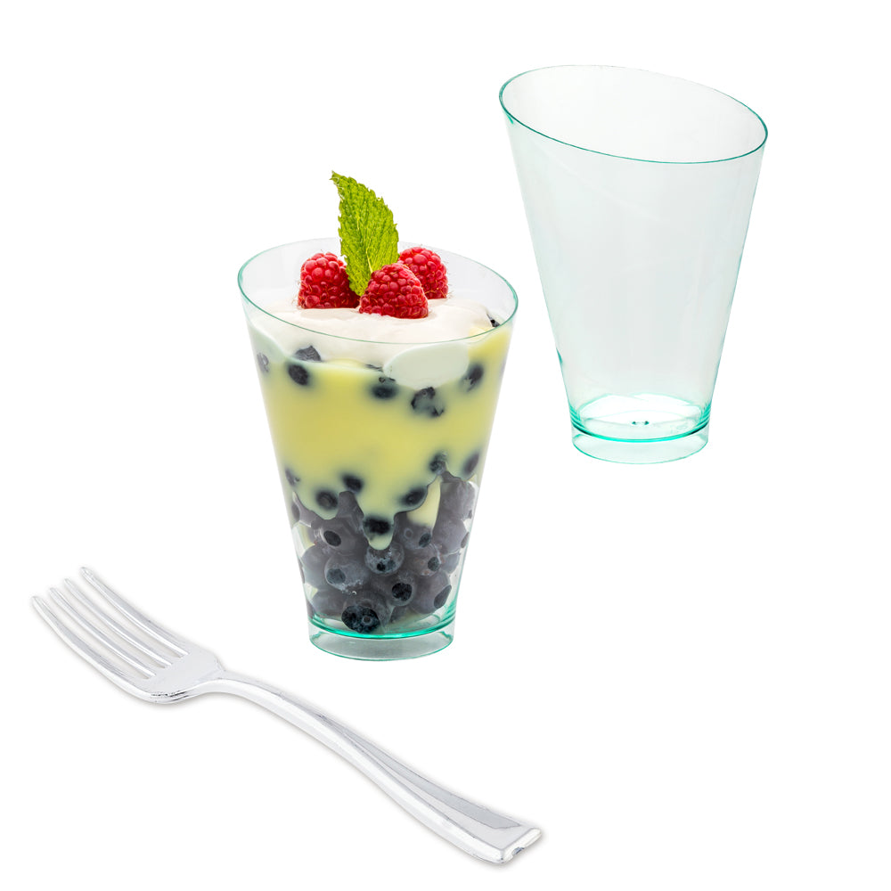 Mini Serve 100 7 oz Round Seagreen Plastic Incline Glass and 100 Silver Plastic 4" Mini Forks