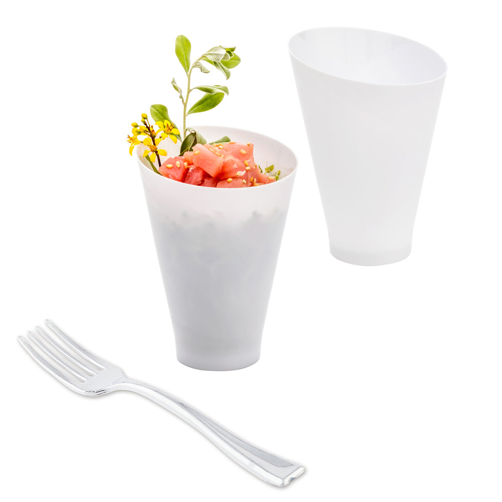 Mini Serve 100 7 oz Round White Plastic Incline Glass and 100 Silver Plastic 4" Mini Forks