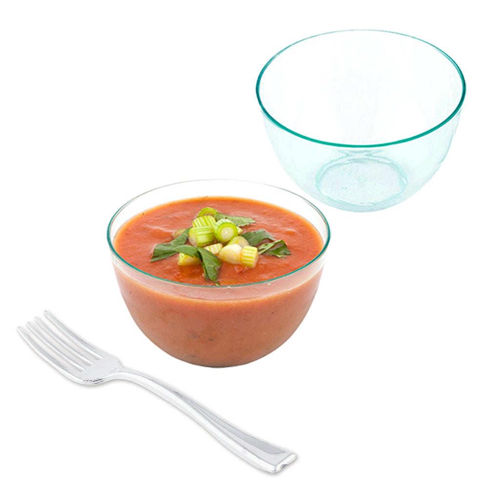 Mini Serve 100 4 oz Round Seagreen Plastic Bodega Cups and 100 Silver Plastic 4" Mini Forks