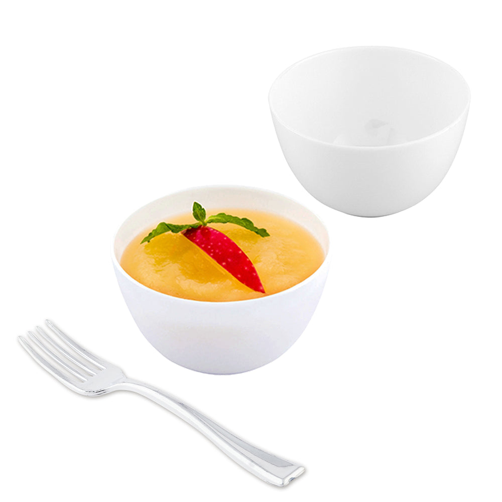 Mini Serve 100 4 oz Round White Plastic Bodega Cups and 100 Silver Plastic 4" Mini Forks
