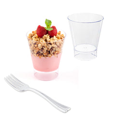 Mini Serve 100 7 oz Round Clear Plastic Large Parfait Glass and 100 Silver Plastic 4