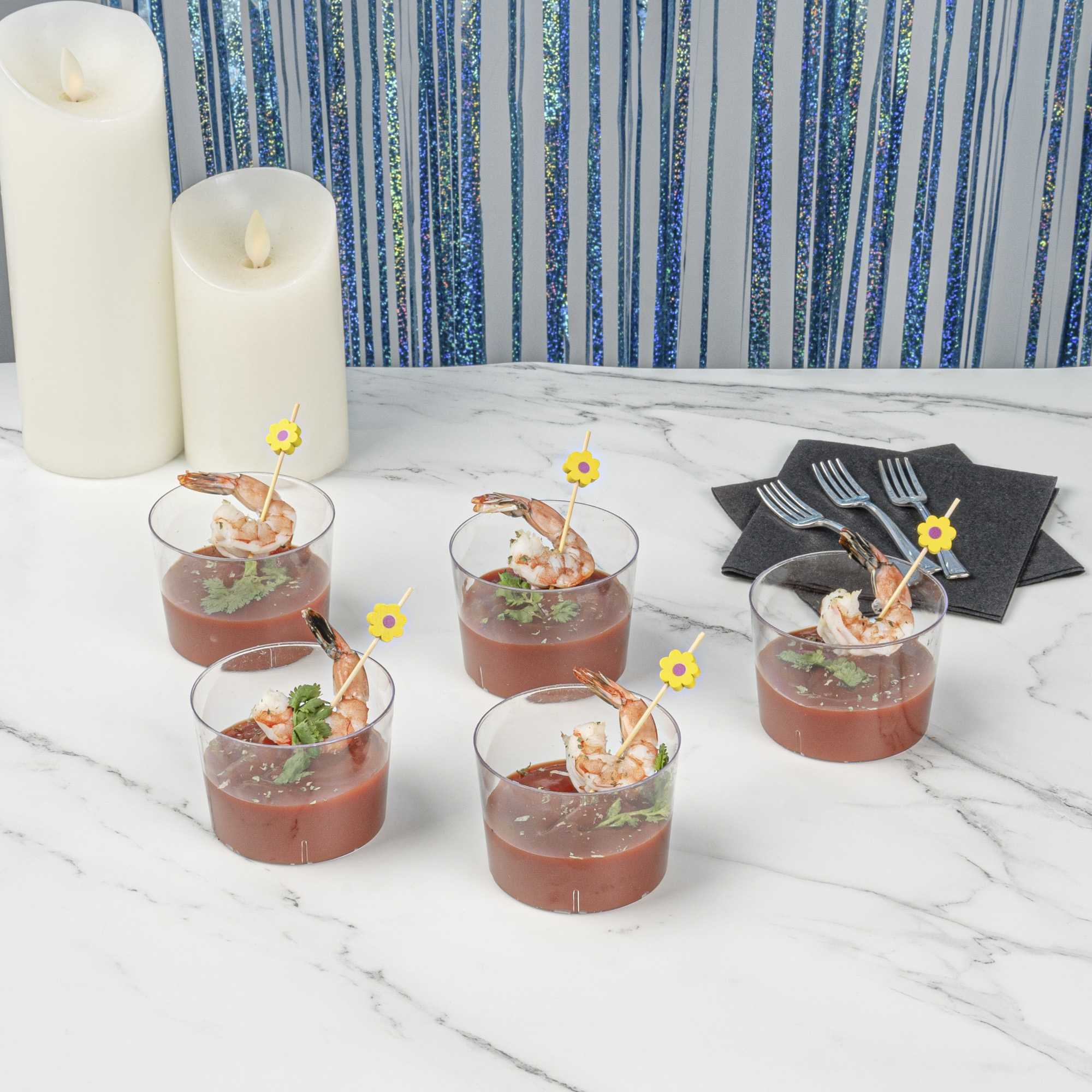 Mini Serve 100 6 oz Round Clear Plastic Cylindro Cups and 100 Silver Plastic 4" Mini Forks