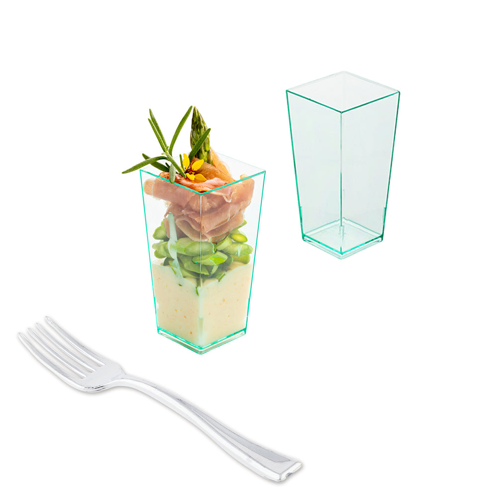 Mini Serve 100 4 oz Square Seagreen Plastic Tall Geometric Cups and 100 Silver Plastic 4" Mini Forks