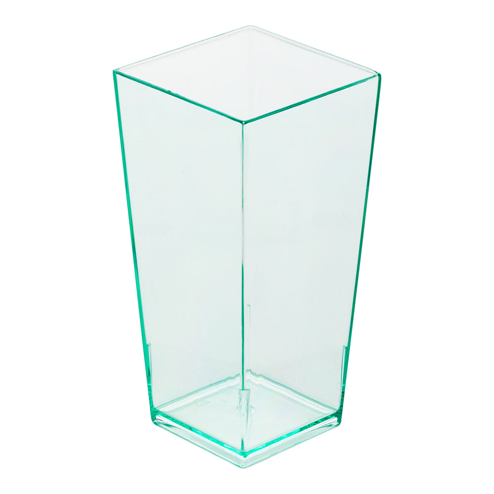 Mini Serve 100 4 oz Square Seagreen Plastic Tall Geometric Cups and 100 Silver Plastic 4" Mini Forks