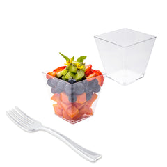 Mini Serve 100 8 oz Square Clear Plastic Large Kova Cups and 100 Silver Plastic 4