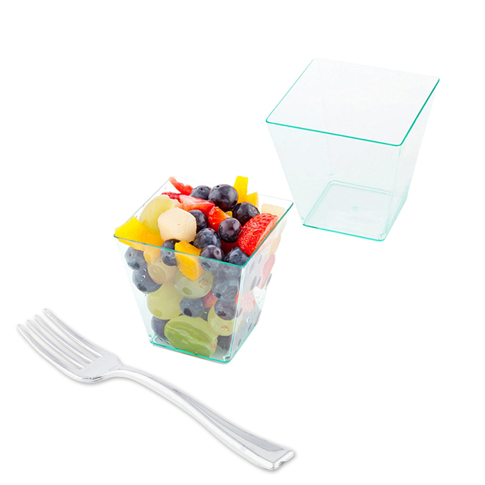 Mini Serve 100 8 oz Square Seagreen Plastic Large Kova Cups and 100 Silver Plastic 4" Mini Forks