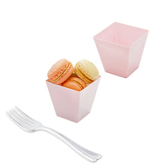 Mini Serve 100 8 oz Square Powder Pink Plastic Large Kova Cups and 100 Silver Plastic 4
