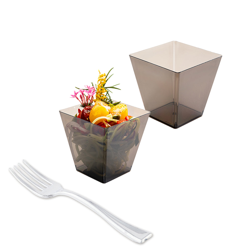 Mini Serve 100 8 oz Square Smoked Gray Plastic Large Kova Cups and 100 Silver Plastic 4" Mini Forks