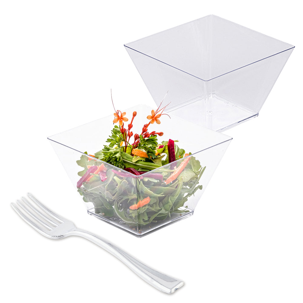 Mini Serve 100 16 oz Square Clear Plastic Large Kova Bowls and 100 Silver Plastic 4" Mini Forks