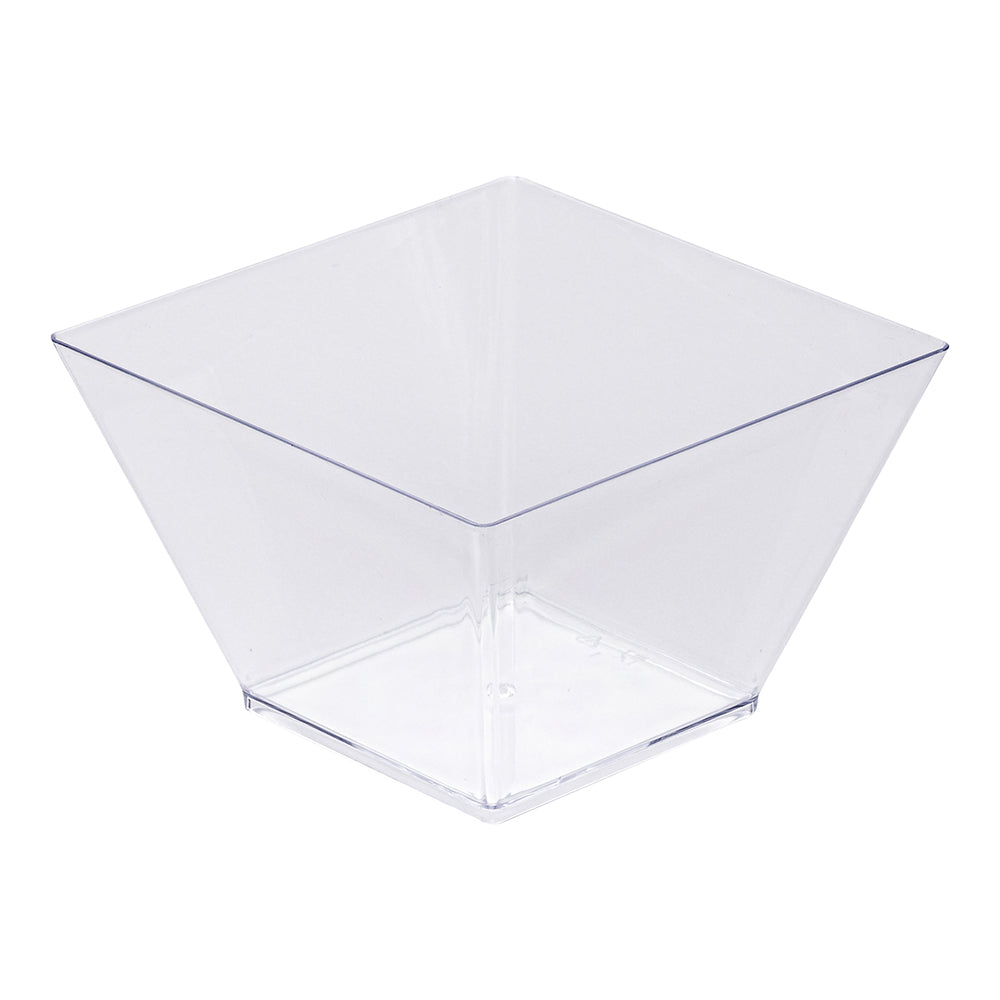 Mini Serve 100 16 oz Square Clear Plastic Large Kova Bowls and 100 Silver Plastic 4" Mini Forks