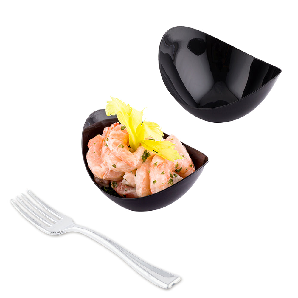 Mini Serve 100 2 oz Oval Black Plastic Alato Tasting Dish and 100 Silver Plastic 4" Mini Forks