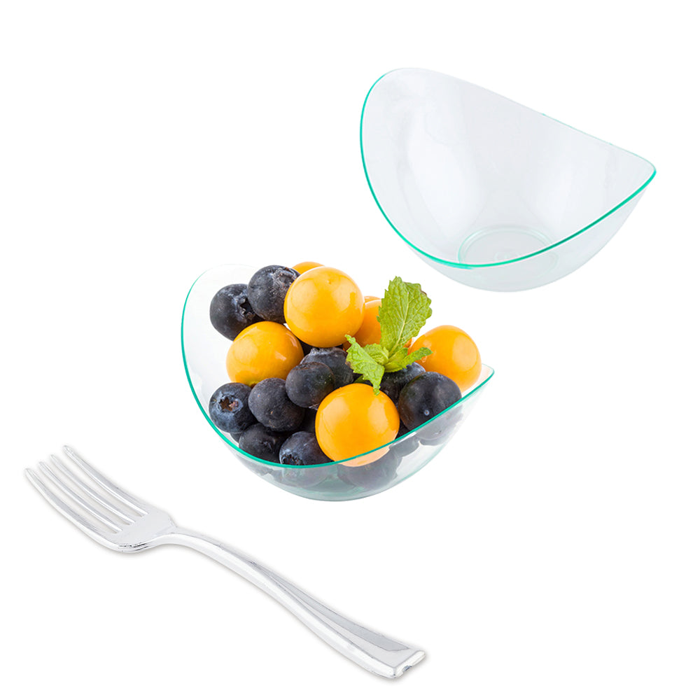 Mini Serve 100 2 oz Oval Seagreen Plastic Alato Tasting Dish and 100 Silver Plastic 4" Mini Forks
