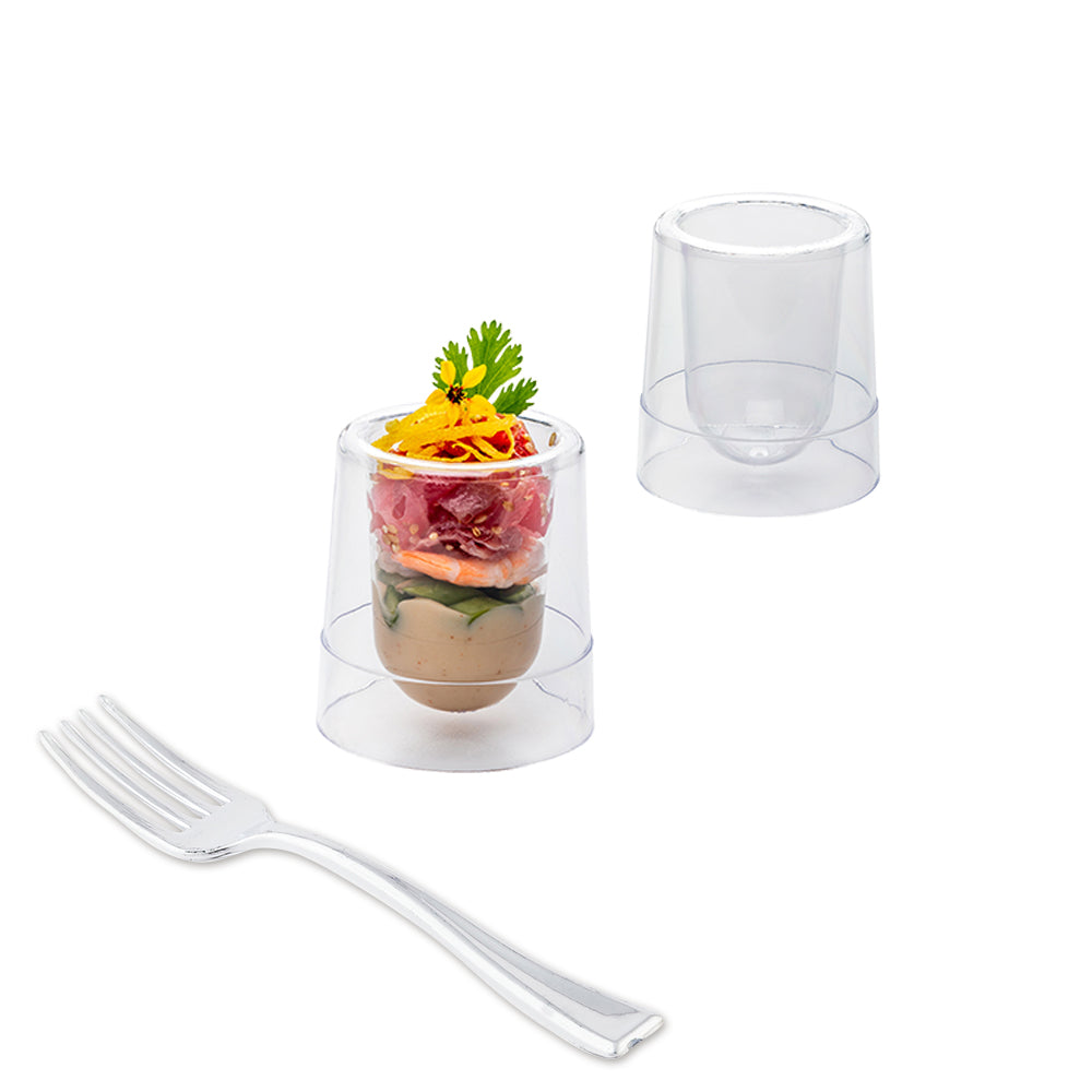 Mini Serve 100 2 oz Round Clear Plastic Double Walled Cups and 100 Silver Plastic 4" Mini Forks