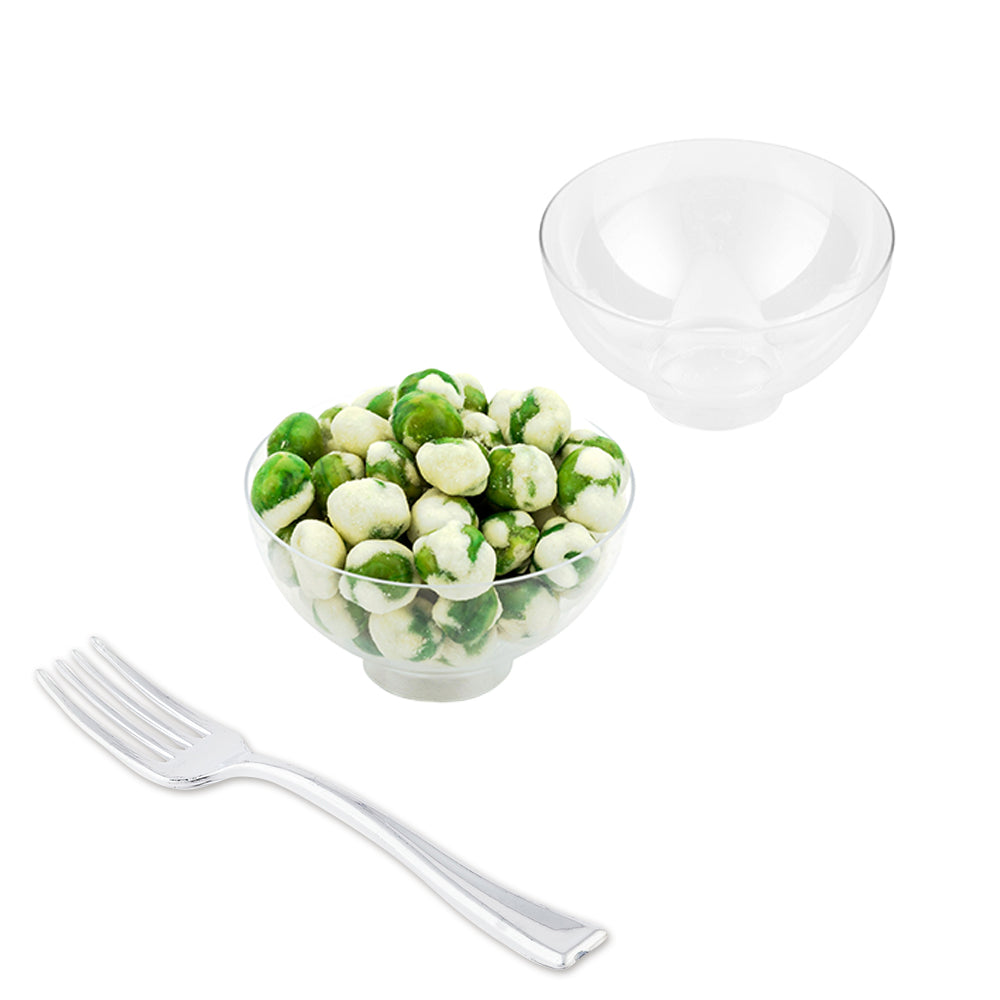 Mini Serve 100 2 oz Round Clear Plastic Coppa Bowls and 100 Silver Plastic 4" Mini Forks