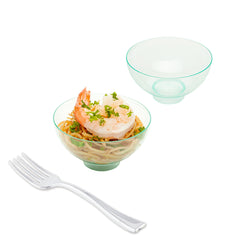 Mini Serve 100 2 oz Round Seagreen Plastic Coppa Bowls and 100 Silver Plastic 4