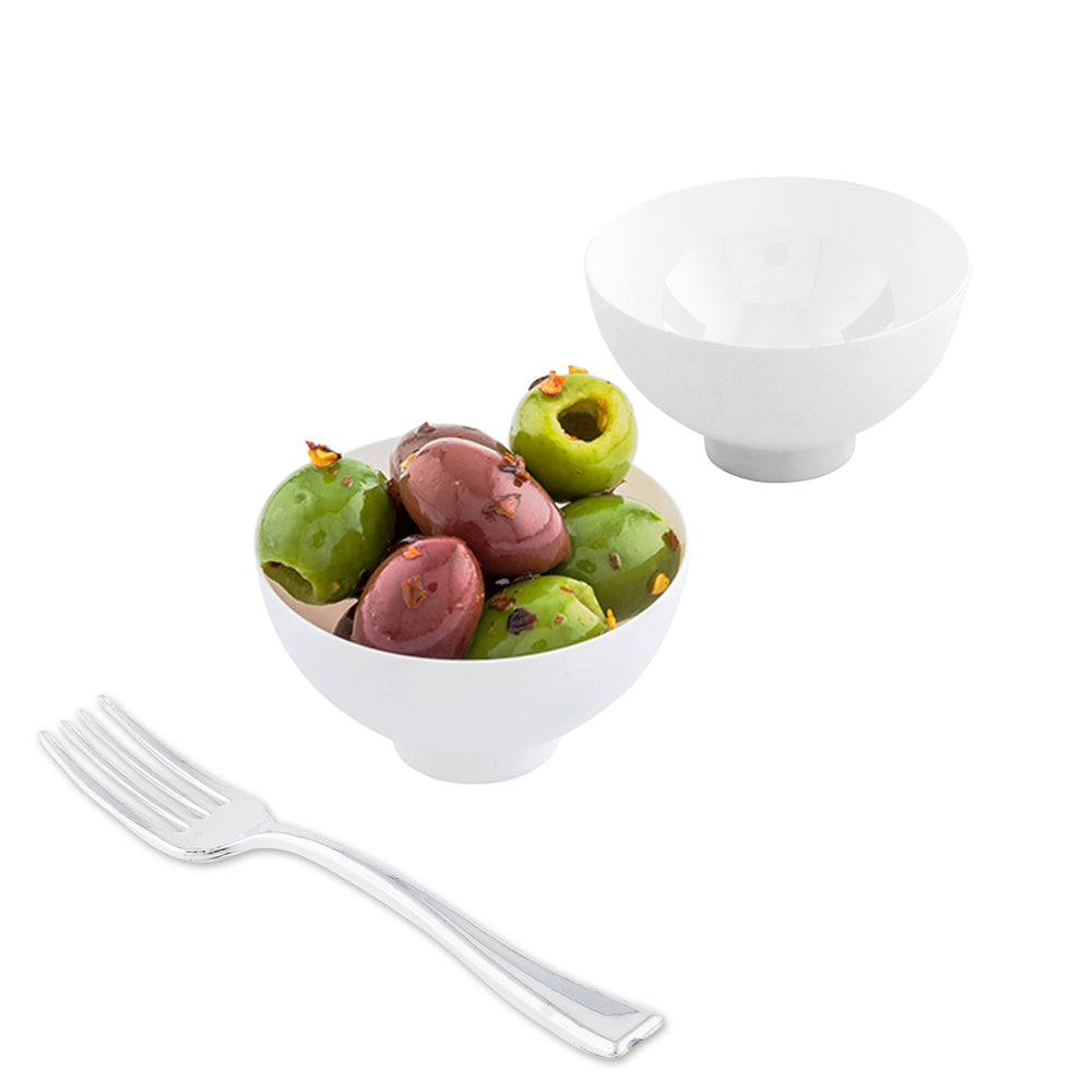 Mini Serve 100 2 oz Round White Plastic Coppa Bowls and 100 Silver Plastic 4" Mini Forks